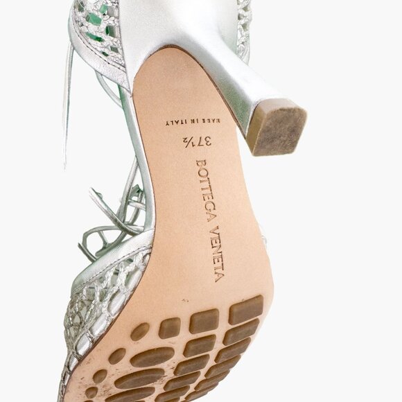 Bottega Veneta Stretch Lace-Up Sandals EU 37.5 7.5 Silver Mesh Fishnet High Heel - Picture 12 of 15